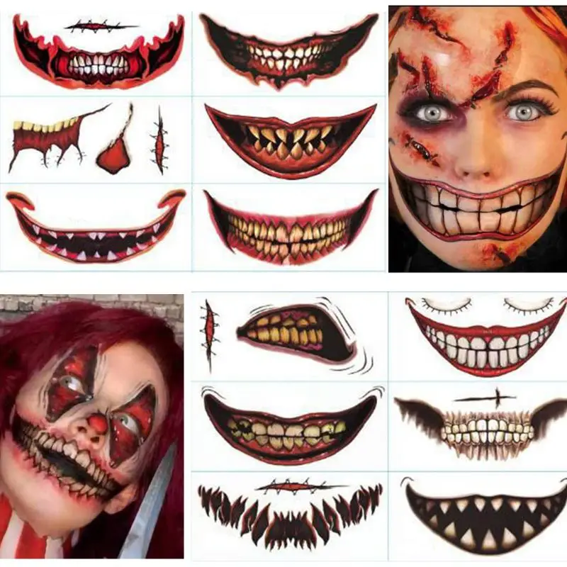 

12pcs Halloween Clown Horror Mouth Tattoo Stickers Temporary Tattoos DIY Fake Tattoo Cosplay Party Decoration