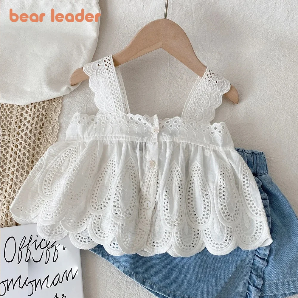 

Bear Leader Girls Summer Suit 2022 New Fashionable Female Baby Korean Lace Suspenders + Denim Skirt Pants Two-piece Girl Clothes