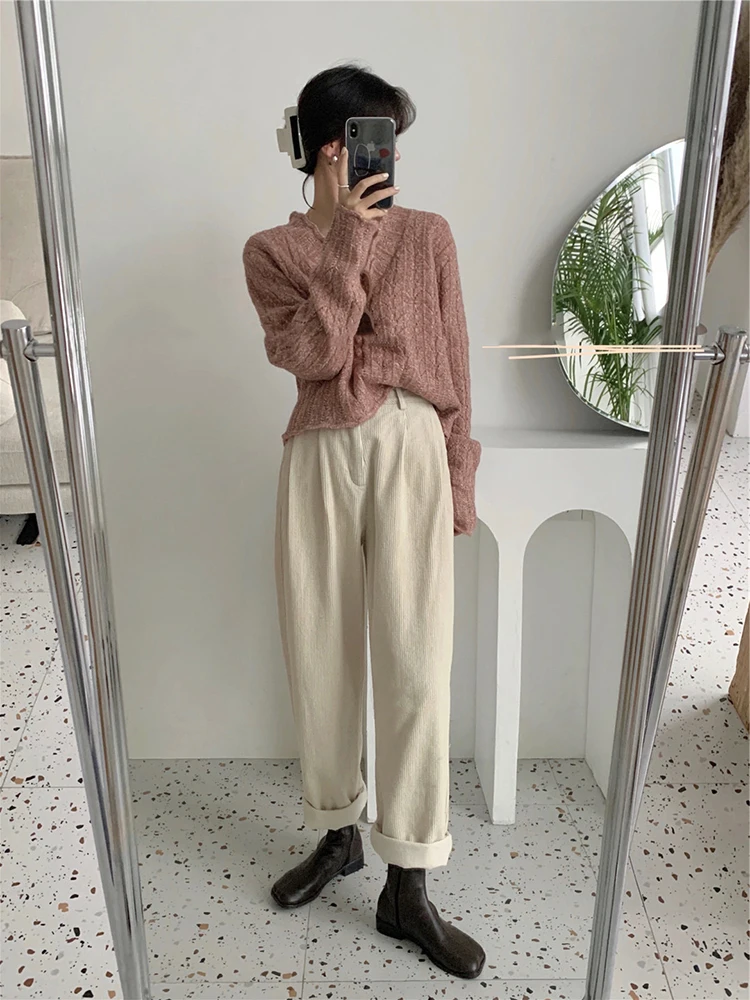 

Limiguyue Women Corduyoy Plus Velvet Trousers Soild High Waist Straight Pants Autumn Winter Vintage Casual Loose Trousers U049