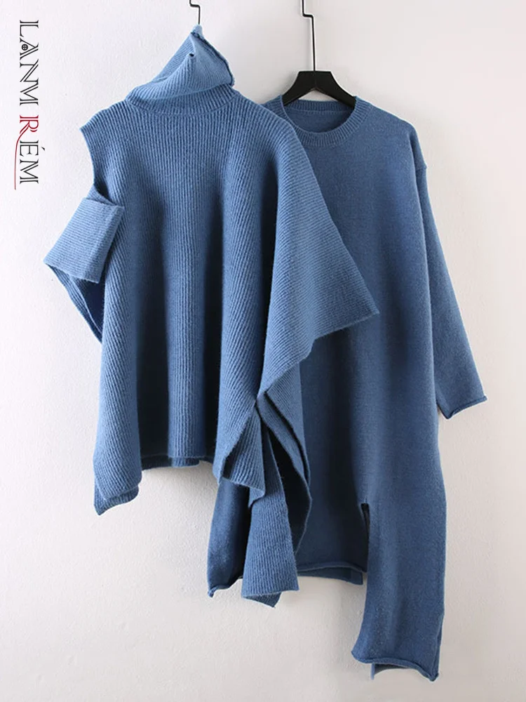

LANMREM Casual Knitted 2 Pieces Set For Women Turtleneck Solid Pullover Sweater Round Neck Long Sleeves A-line Dress New 32D493