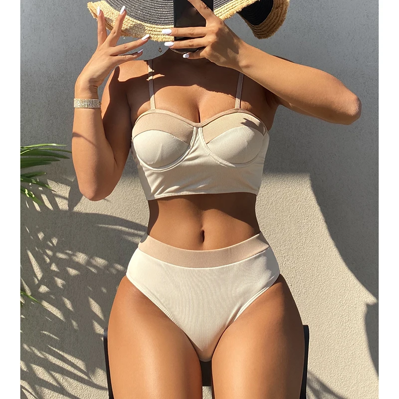 

Ribbed Swimming Suit for Women Push Up Bikinis Set High Waist Swimwear 2022 Patchwork Bikini Underwire Bathing Suit