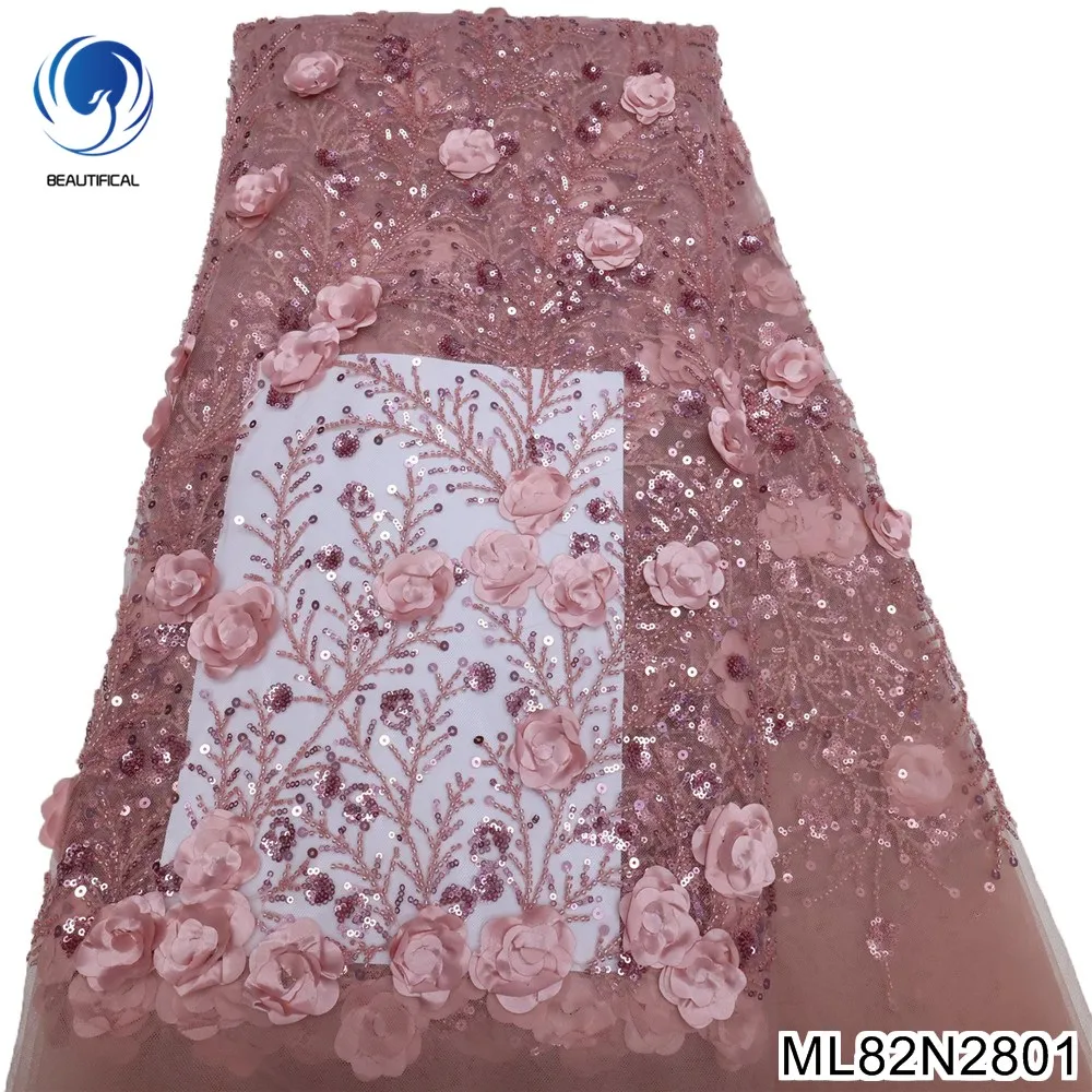 

African 3d lace fabric 5 yards 2022 high quality beaded embroidery french nigerian sequins lace fabric for wedding ML82N28