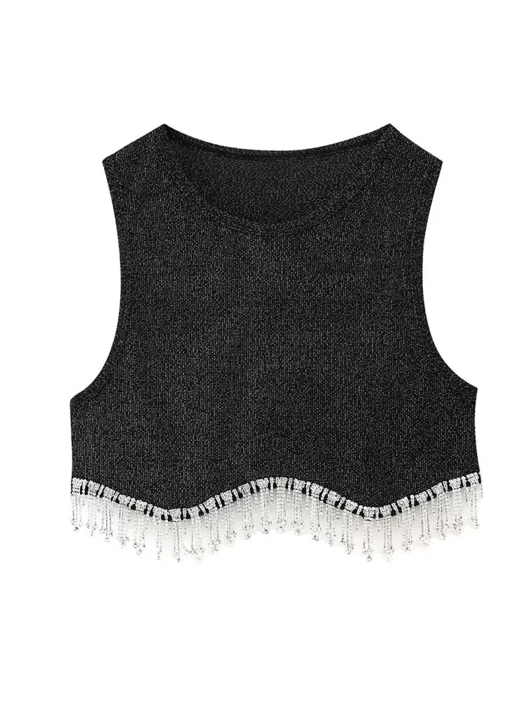 

Топ женский трикотажный короткий с кисточками и стразами, на бретелях