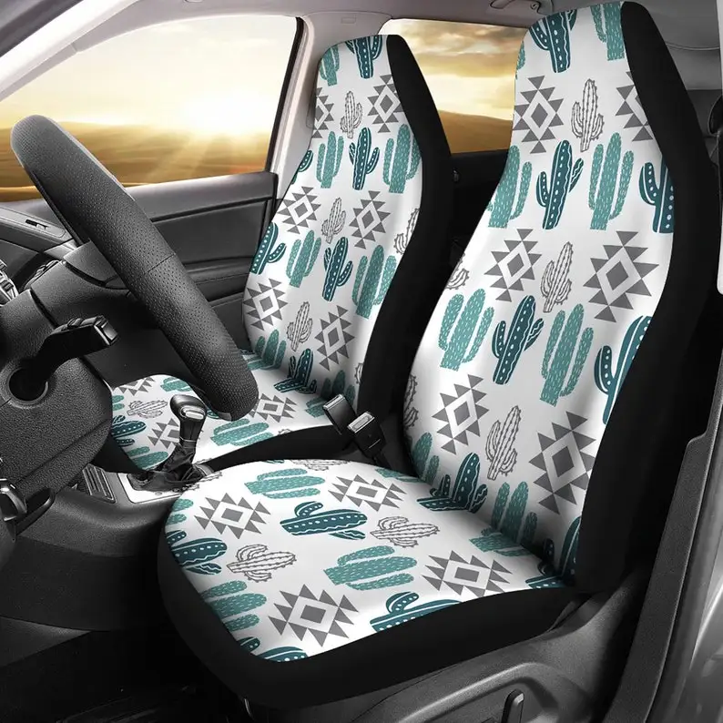 

Cactus Car Seat Covers Teal, Gray, White, Boho Southwestern Pattern Set of 2 Desert Theme Car SUV Accessories Seat Protectors Un