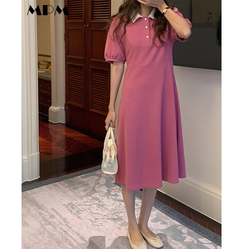 

Elegant Women's Dress Loose Fashion Turn-Down Collar Women Straight Skirts Casual Female Puff Sleeve Mid-Length Skirt New 2022
