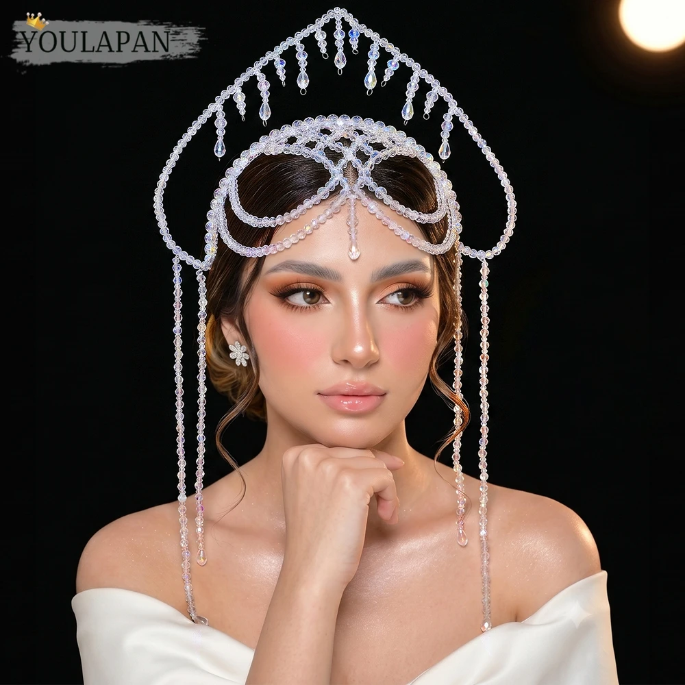 Фото Свадебная корона-ободок YouLaPan AB Crystal с длинными кисточками, ручной работы, расшитая бисером, для конкурсов красоты, украшение для волос A417 №1