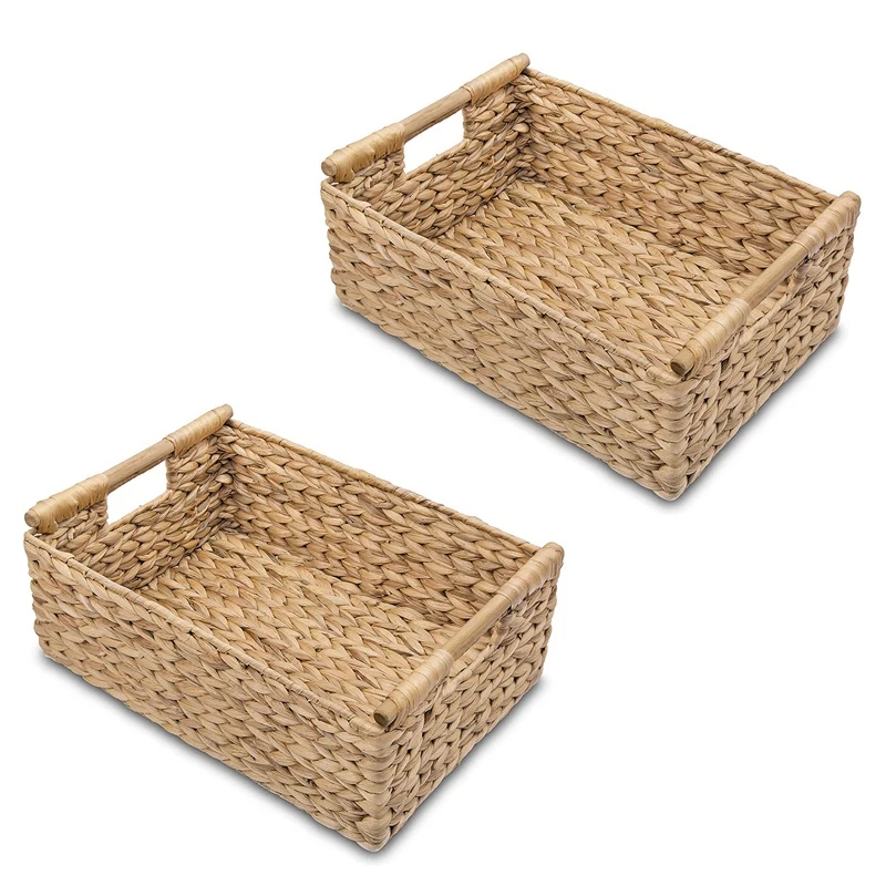 

2X Large Wicker Baskets For Organizing Bathroom, Hyacinth Baskets For Storage, Wicker Storage Basket With Wooden Handle