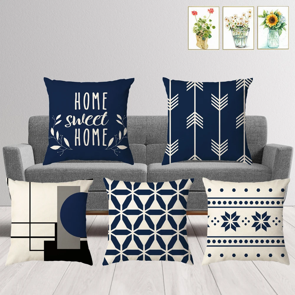 

Синяя наволочка с геометрическим рисунком, декоративная подушка в скандинавском стиле для дивана, Современное украшение для дома, льняная ...
