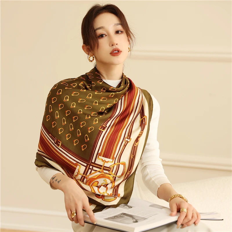 

Large Print Silk Square Scarf Women Lady Shawl Designer Wraps Hijab Female Foulard Headbands Fashion Bufanda Bandana 2022