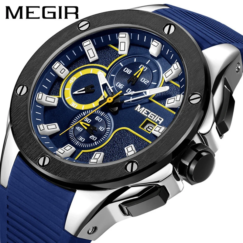 

MEGIR Silicone Blue Quartz Mens Watches Top Brand Luxury Waterproof Lumious Chronograph Sport Male Wristwatch Relogio Masculino
