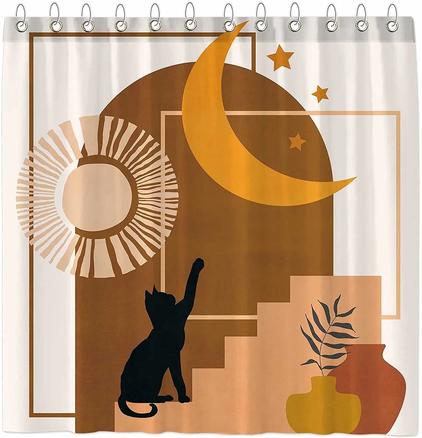 

Mid Century Abstract Shower Curtain Boho Arch Sun and Moon Witchy Cat Modern Minimalistic Bathtubs Bathroom Decor with Hooks