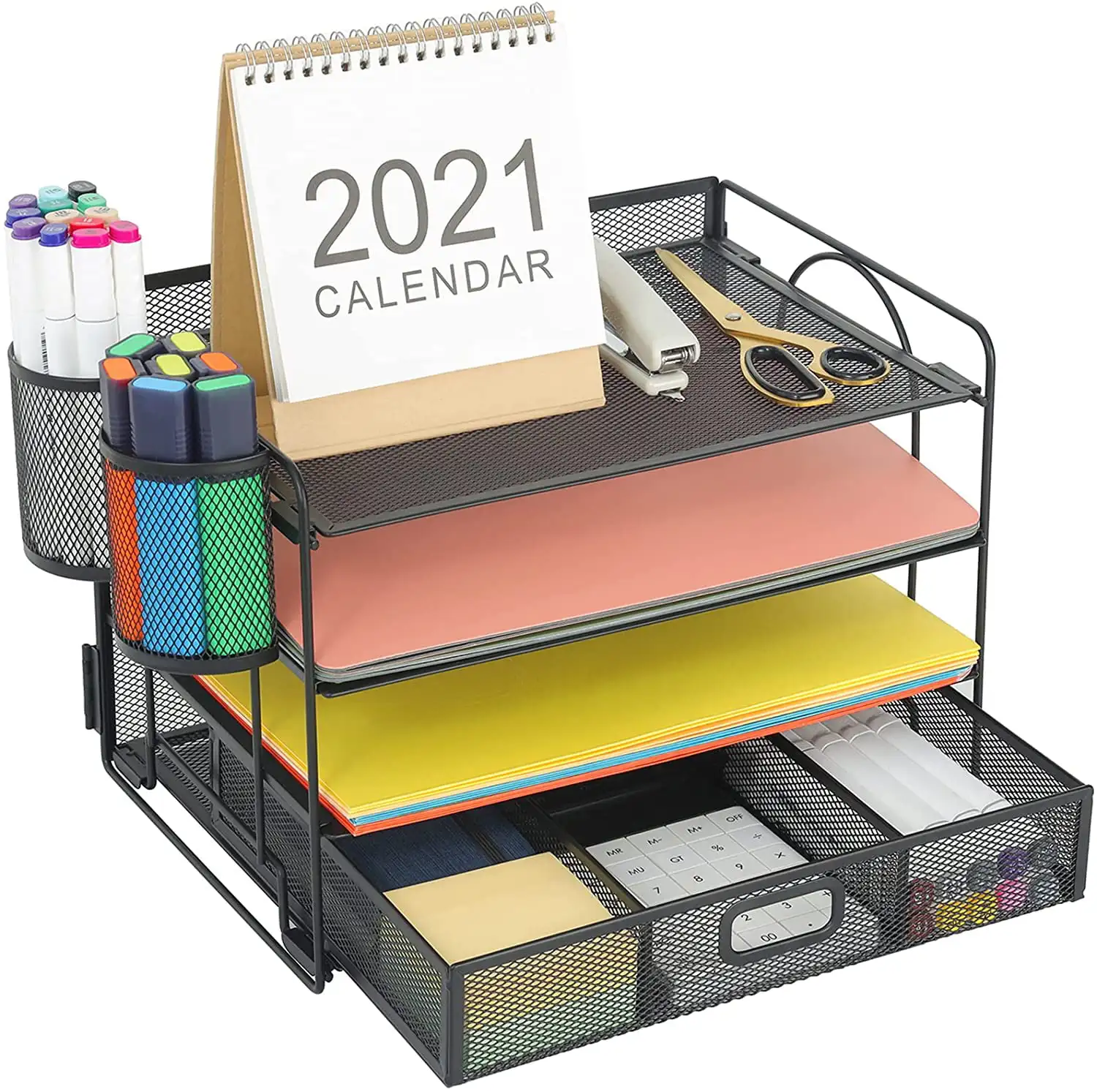 

4-Trays Desktop File Organizer with Pen Holder | Paper Letter Tray with Drawer and 2 Pen Holder | Mesh Office Supplies Desk Orga