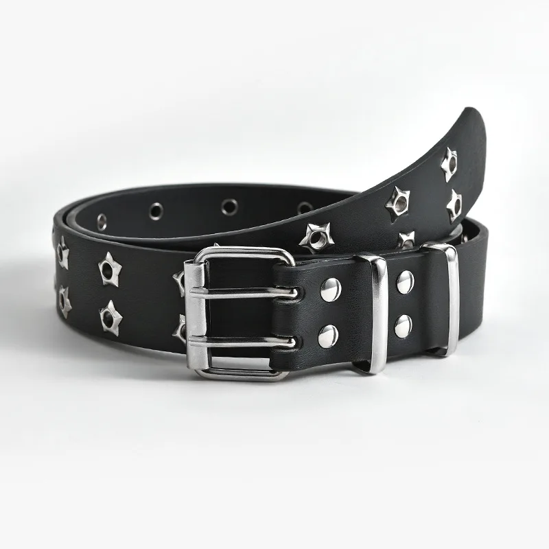 Star Eye Rivet Belt Goth Style Double Pin Buckle Man/woman Fashion Casual Puck Style Pu Leather Waistband Jeans y2k accessories