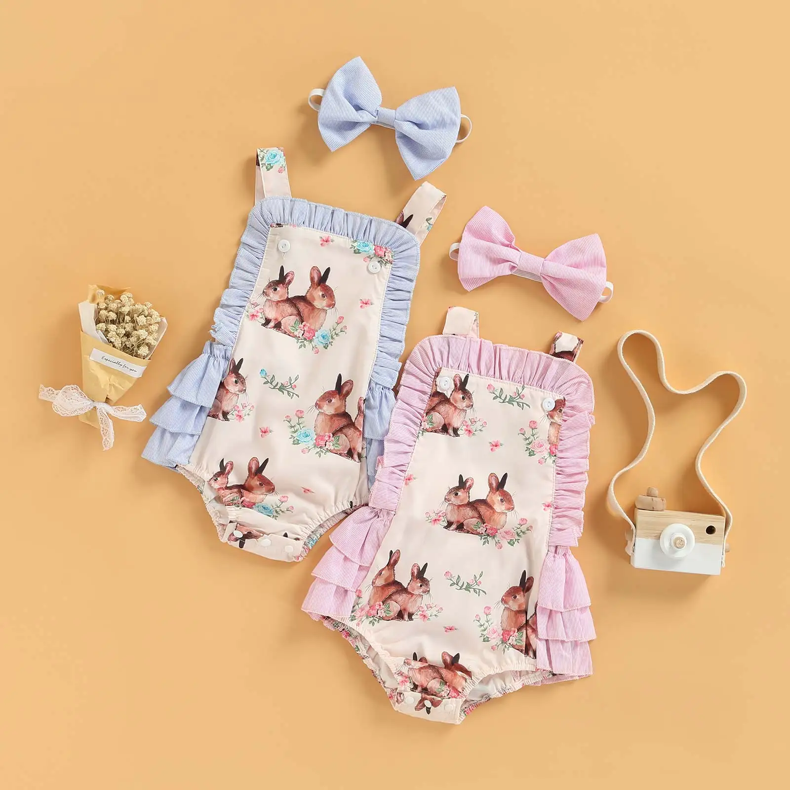 

Easter Lovely Baby Girl Romper Set, Sleeveless Dress Style Rabbit Printed Square Neck Suspender Romper with Bow Knot Hairband