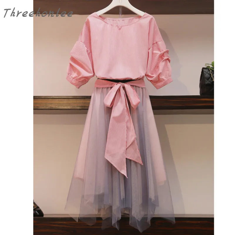 

Summer Fashion Womens Two Piece Sets Outfit Korean Lantern Sleeve Pink Striped Blouse And Irregular Mesh Skirts Sets 4XL