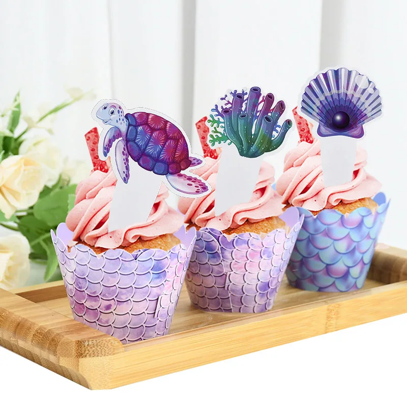 

32Pcs/set Mermaid Cupcake Wrappers Girls Birthday Mermaid Tail Shell Hippocampus Cake Toppers For Baby Shower Ocean Party Supply