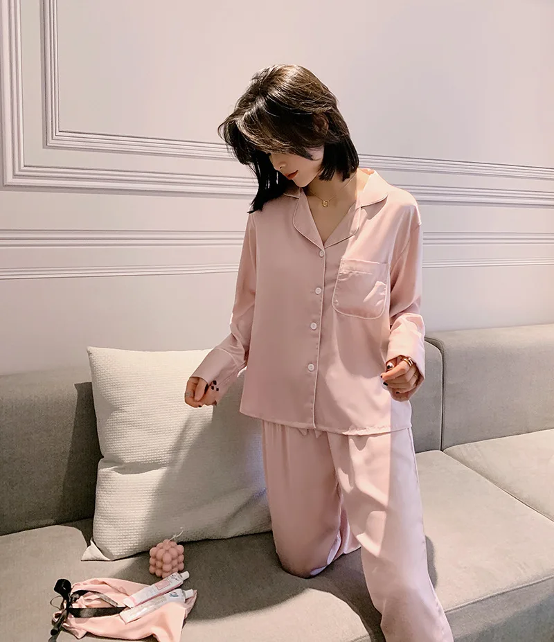 Women's Silk Pajamas Solid Single Breasted Lapel Long Sleeve Top Loose Trousers Lounge Wear Fashion Women Pajama 3-piece Sets