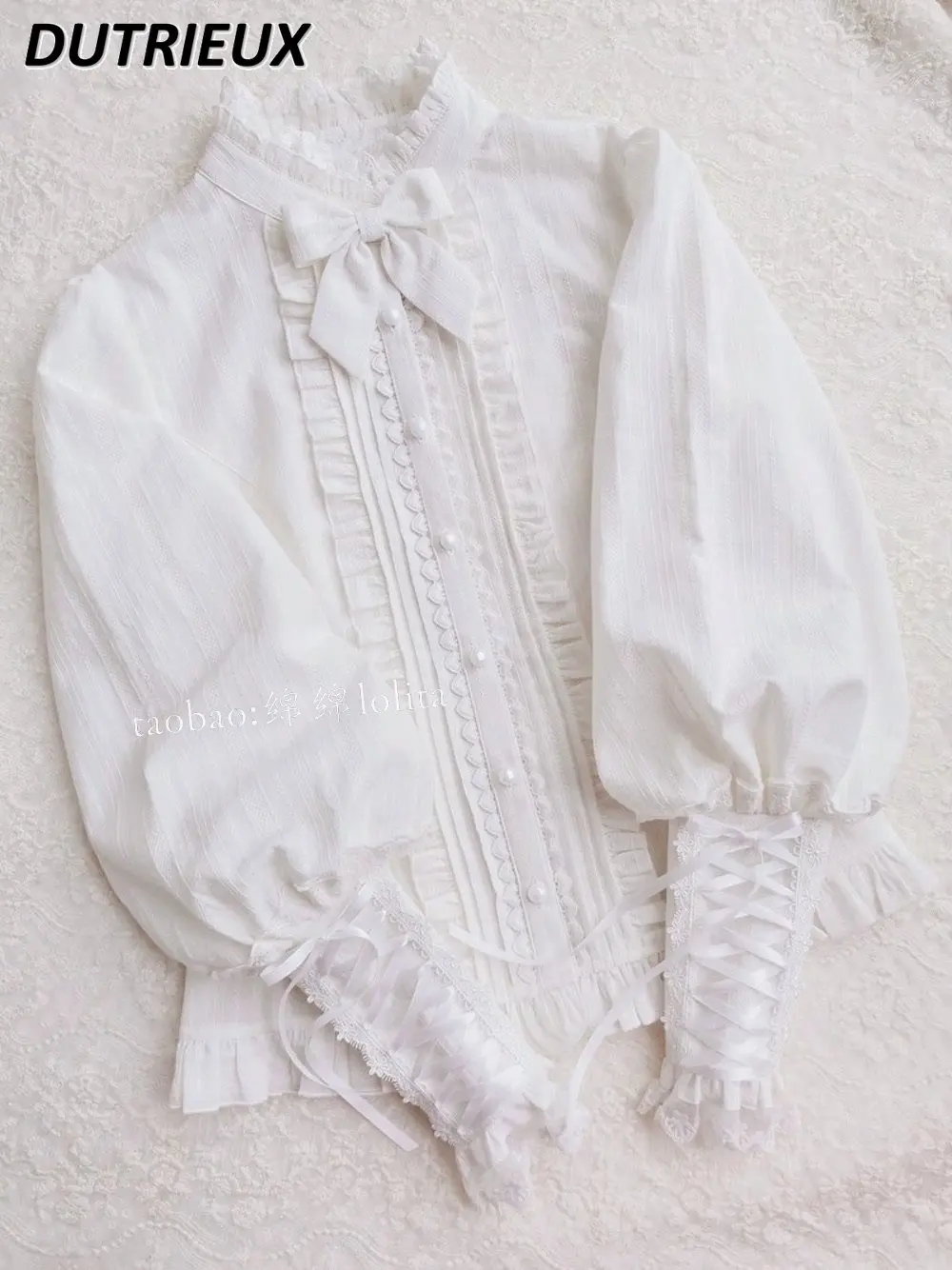

French Jacquard Cotton Lace Bow Ruffled Lace Lolita Shirt Women Sweet White Long Sleeve Blouses Spring and Summer Bottoming Top