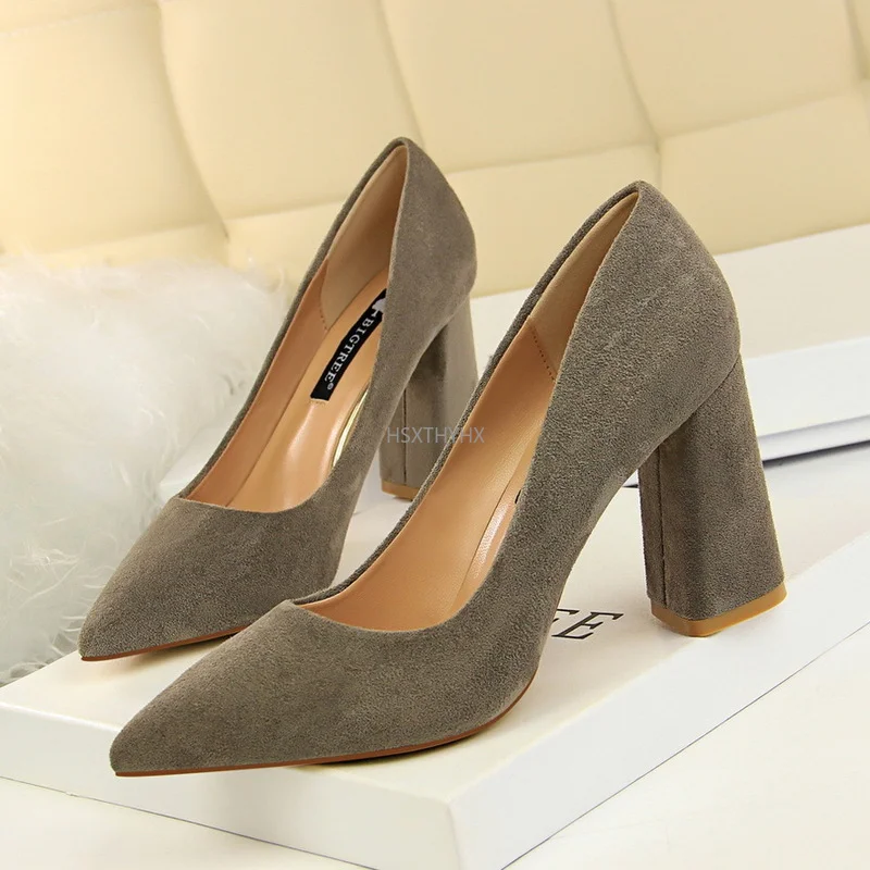 Fashion Shoes Thick Heel Woman Pumps Suede Women Heels Office Shoes Pointed Toe High Heels Wedding Shoes Female Heel Shoes