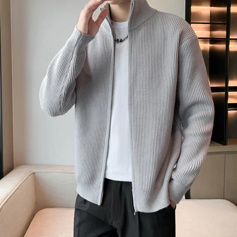 Базовый мужской свитер стильный на молнии пальто с воротником-стойкой вязаный