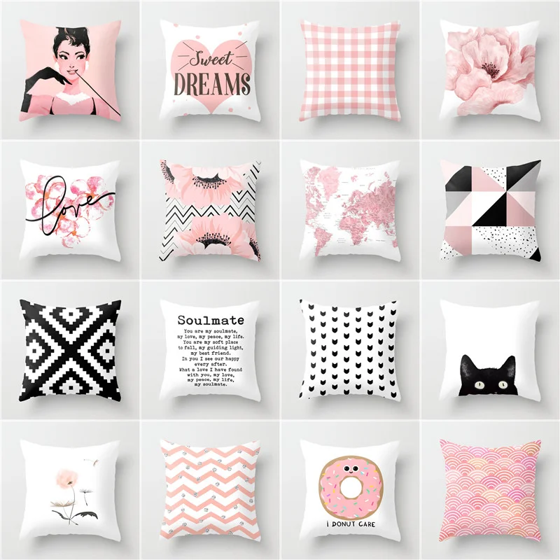 

Pink Geometry Pattern Pillow Case Polyester Cotton 45*45cm Love Flower Cushion Cover Home Decor Hotel Sofa Decoration Pillowcase