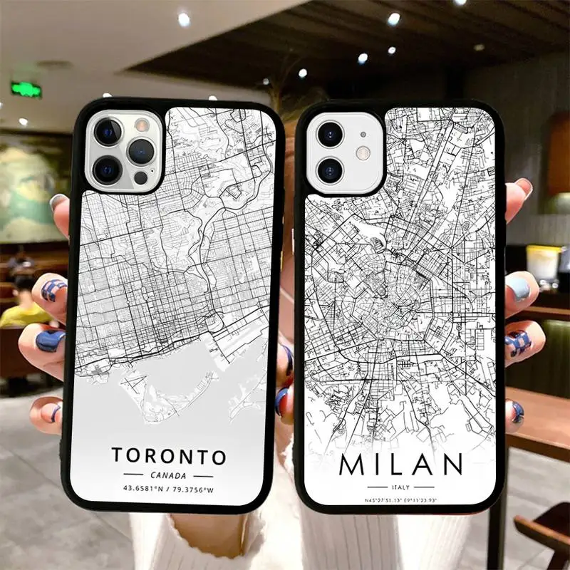 

BANDAI Black City Map Phone Case Silicone PC+TPU Case for iPhone 11 12 13 Pro Max 8 7 6 Plus X SE XR Hard Fundas