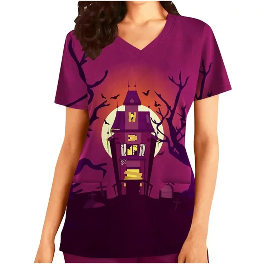 Хирургическая униформа женские топы для медсестры с принтами на Хэллоуин