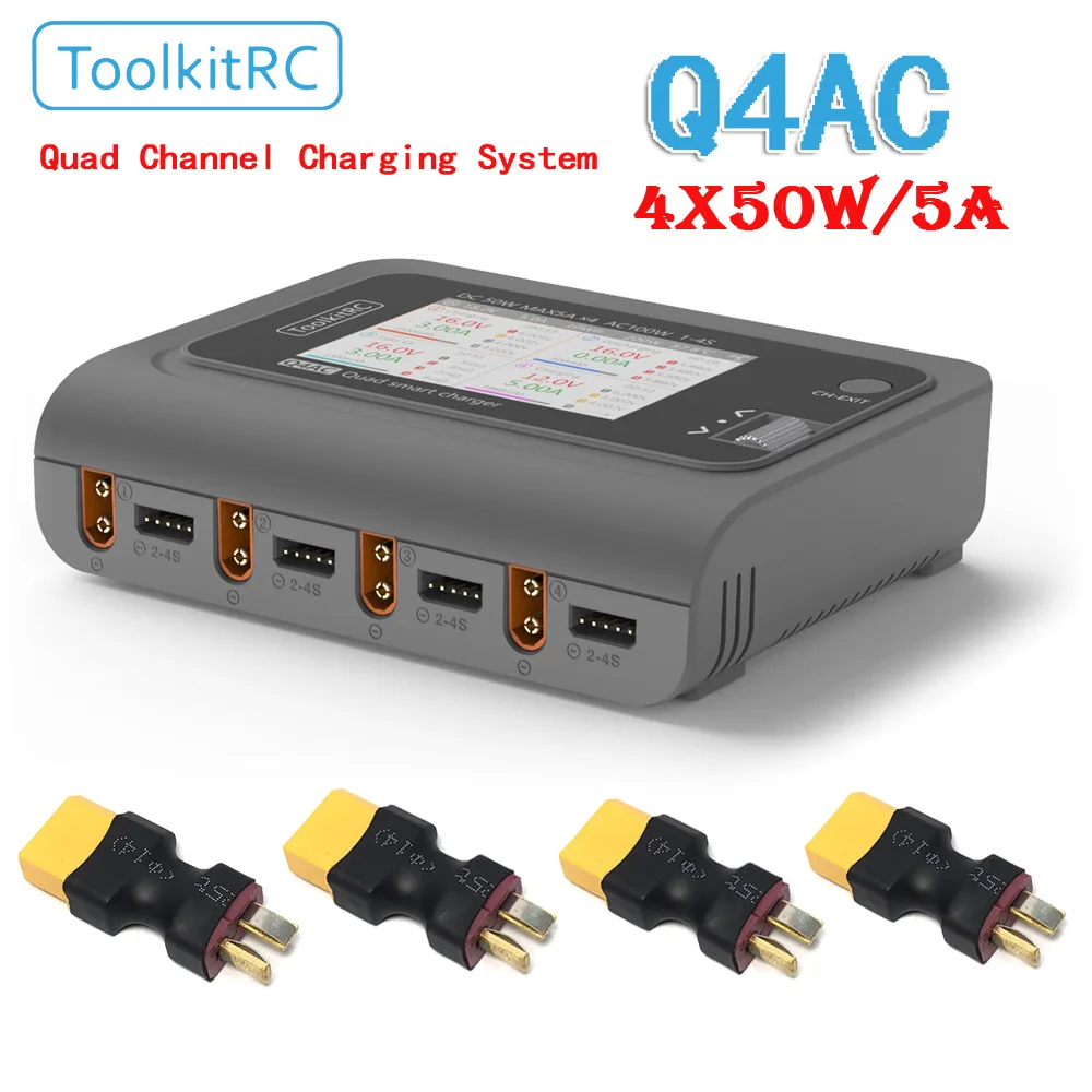 

100% Оригинальный ToolkitRC Q4AC 4x50 Вт 5A AC 100 Вт 4 порта DC смарт-разрядник XT60/T Опционально для литий-полимерных батарей 1-4S