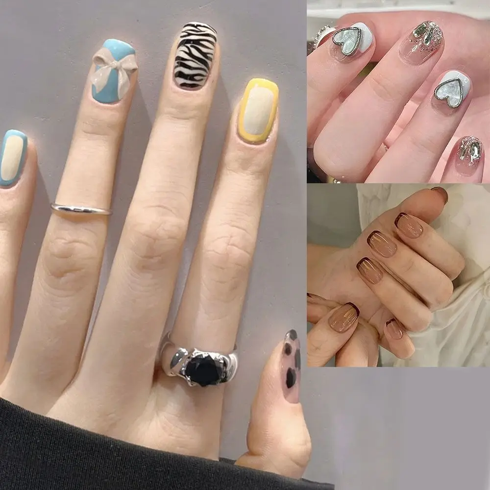 

24pcs Nail Tips Fake Nials Ocean Leopard Press on Nails Short Square Shell Love Heart French False Nails