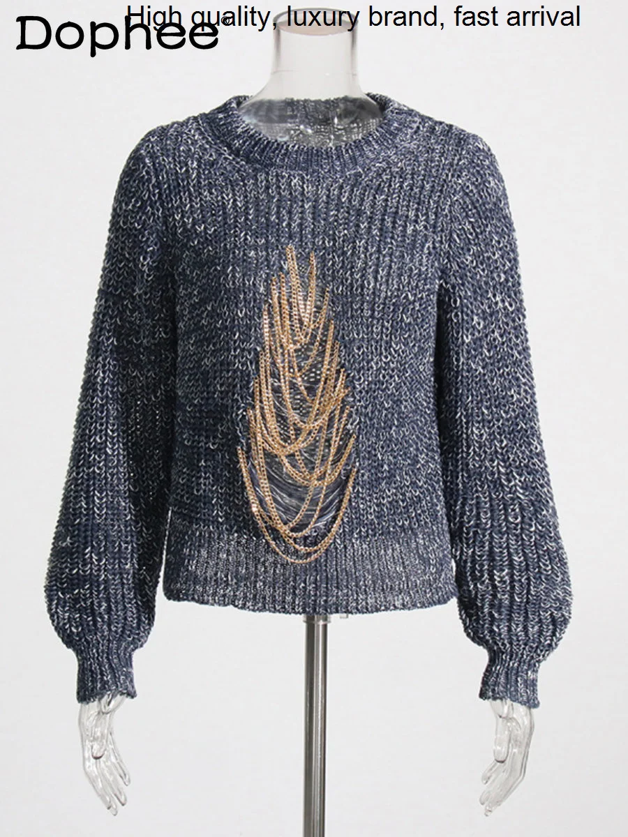 

Industry Chain Heavy Thick Knitted Jumper 2023 New Fall Winter Round Neck Long Sleeve Hollow Ripped Sweater Y2k Top