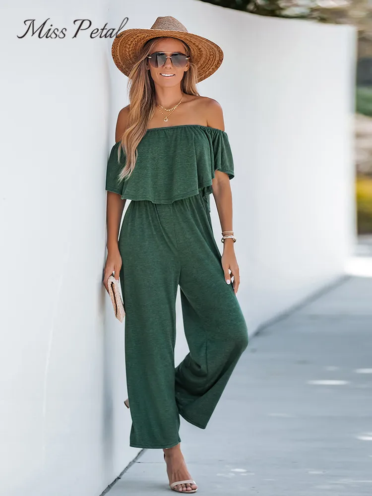 

Green Flounce Off-the-Shoulder Jogger Jumpsuit For Women Sexy Wide Leg Long Playsuit 2023 Summer Overalls Romper Jumpsuit