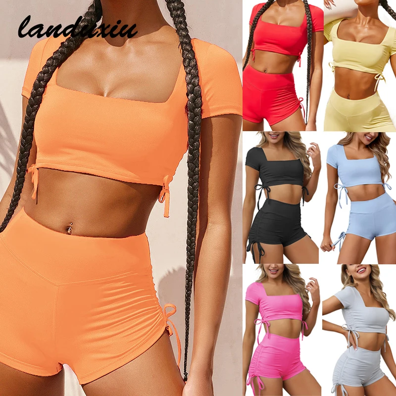 

2020 Hot Summer Women Yoga Set Two Piece Sportswear Short Sleeve Tops Shorts Fitness Running Yoga Gym Sports Clothes Tracksuits