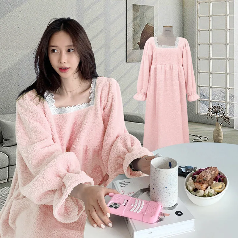 Lolita Flannel Nightgowns Winter Warm Pajamas Korea Long Gowns Coral Fleece Women Kawaii Long-sleeve Sleepwear Velvet Loungewear