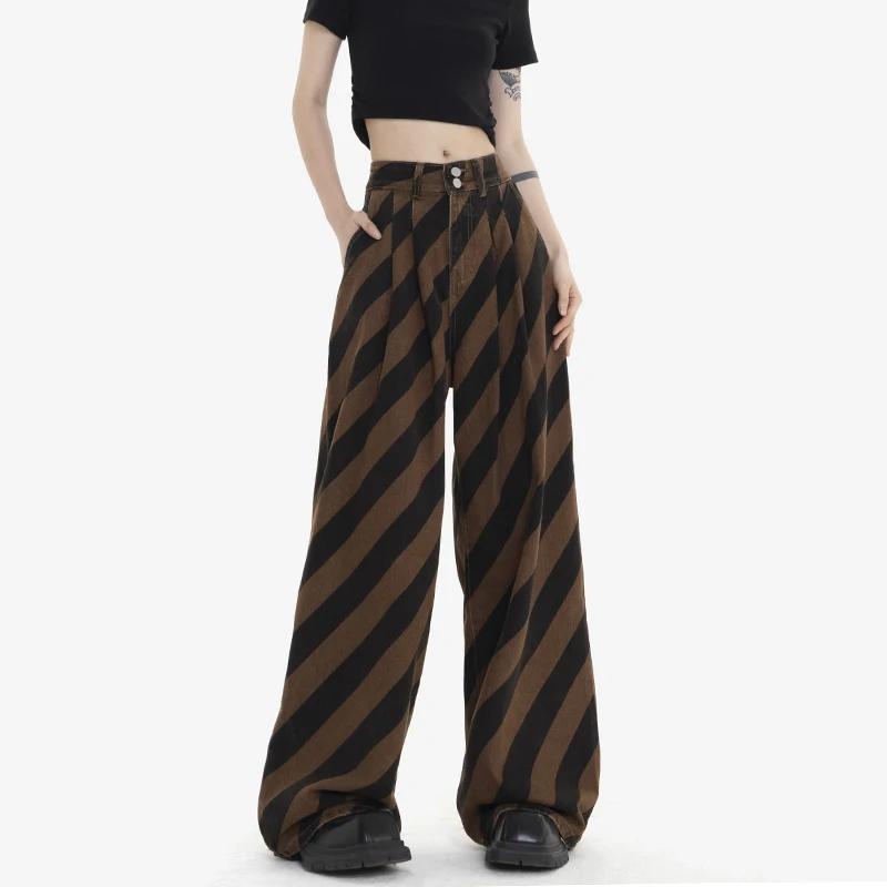 Striped Jeans Women's Spring and Autumn Retro Wide-Leg Pants Design Sense Niche Straight Pants Casual Pants