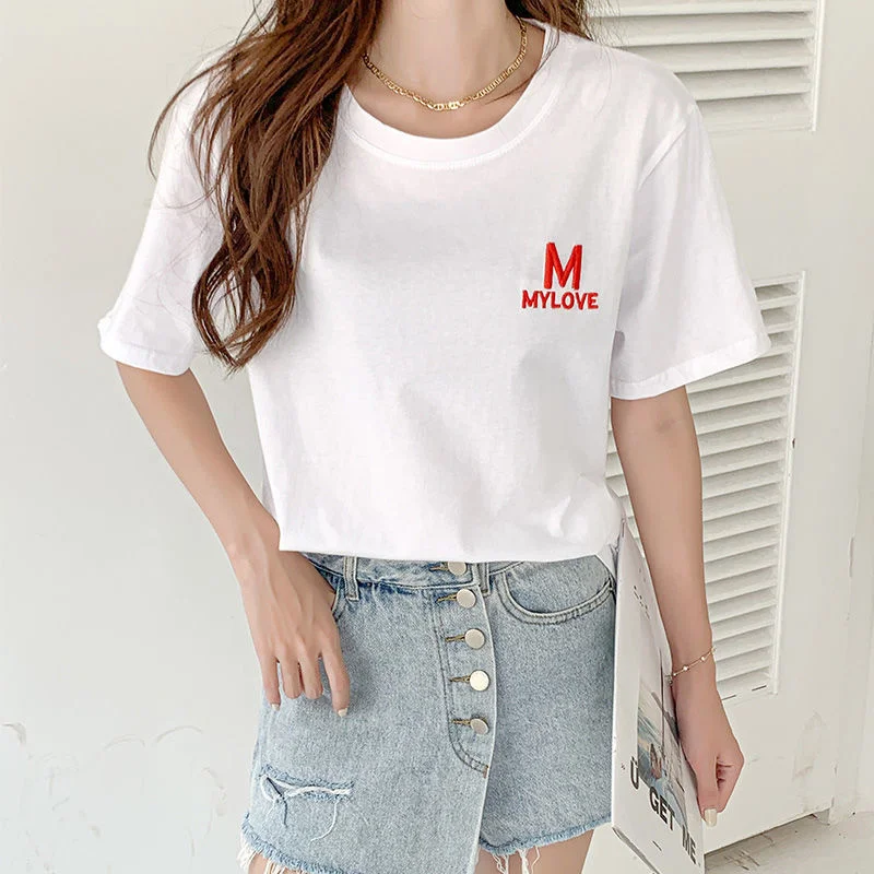 

Design Sense Short Sleeve T-shirt Women's Summer New Ins Super Hot Letter Embroidery Top White Half Sleeve Fashion
