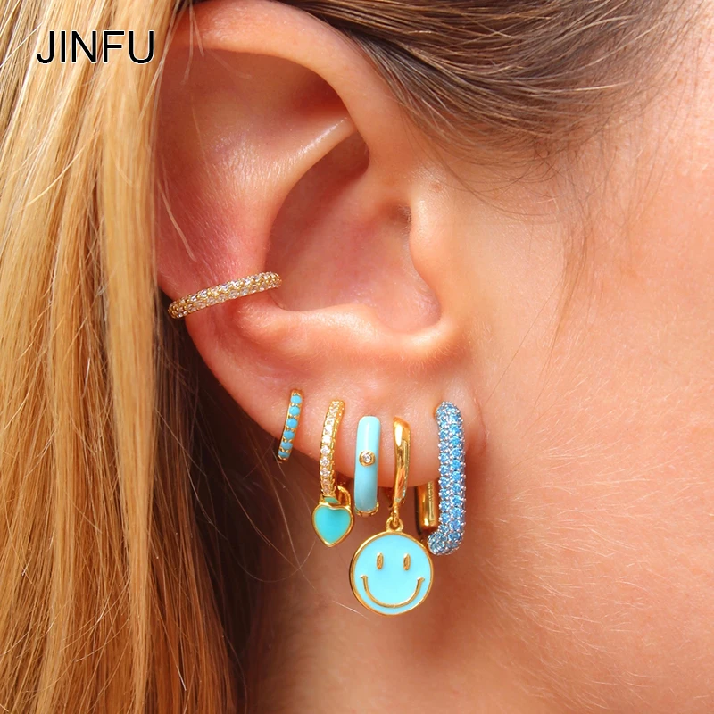 

JINFU Copper Gold Plated Hoop Drop Earrings Set for Women CZ Zircon Dripping Oil Smile Dangle Earrings 2022 Jewelry Wholesale