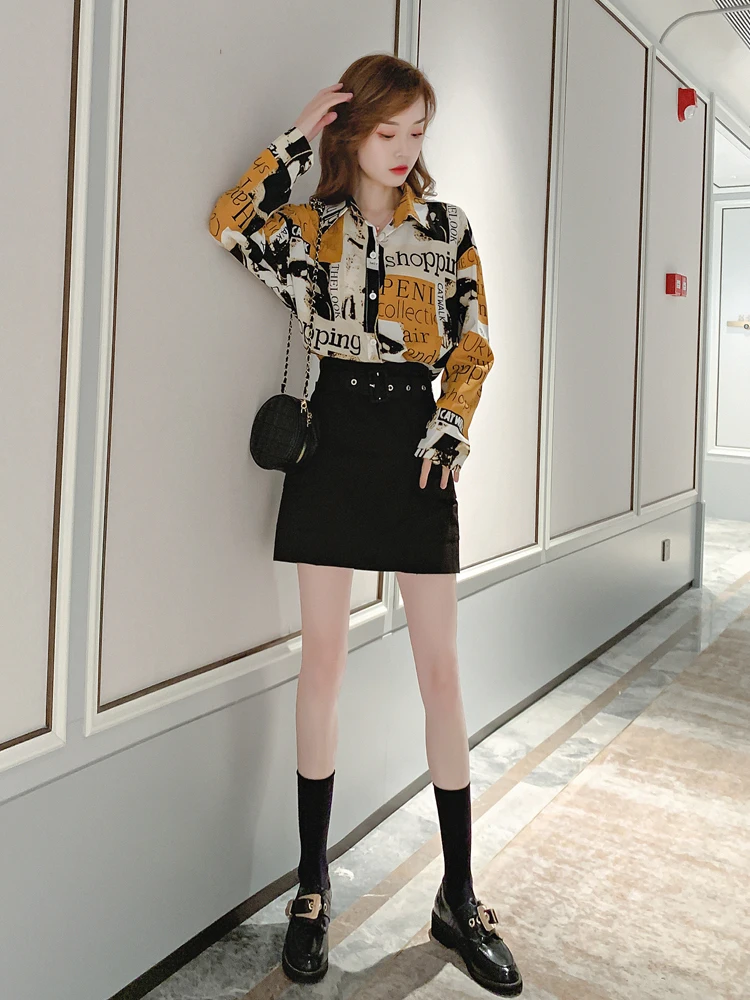 Женские рубашки с длинным рукавом и гонконгским принтом новинка 2024 ретро