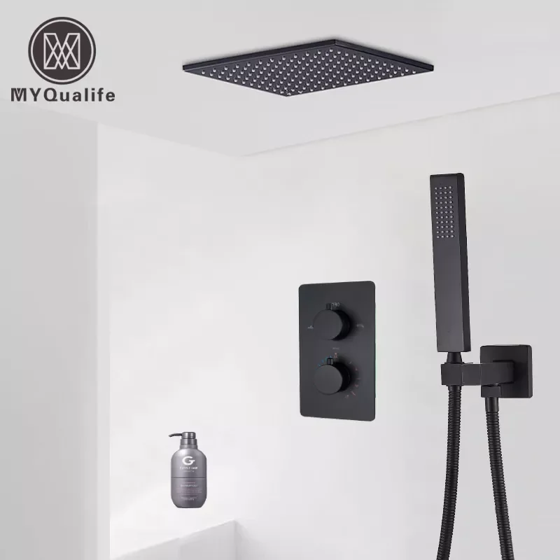 

Matte Black 16" Rainfall Shower Faucet Set Thermostatic Shower Mixer Valve with Embedded Box Bathroom Brass Shower Mixer Tap