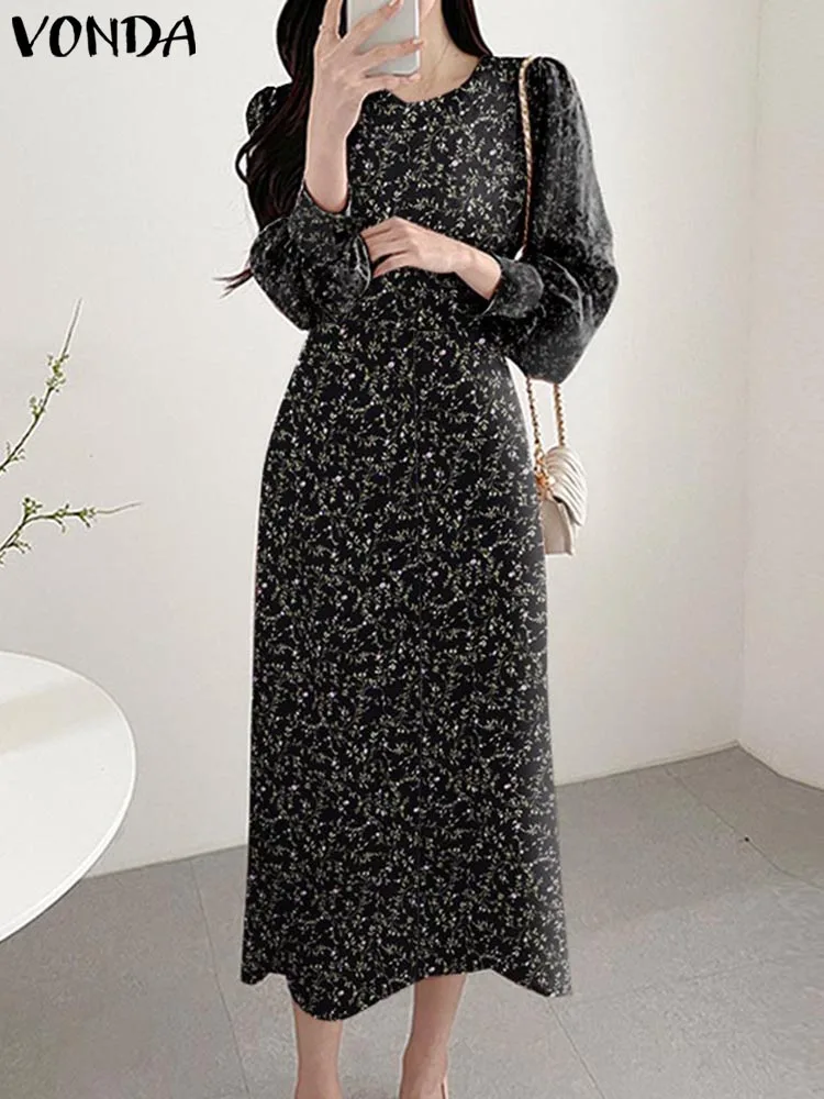 

VONDA Fashion Long Sleeve Dress 2023 Women Summer Vintage Printed Midi Sundress Round Neck Zipper Casual Robe Bohemian Vestidos