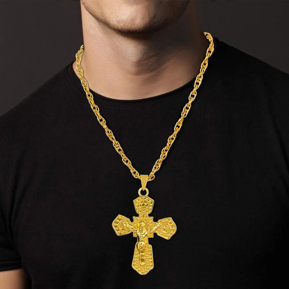 

Fashion 18K Golden Plated Hip Hop Rock Necklace for Men Stainless Steel Religious Cross Pendant Necklace Mens Women Jewellery