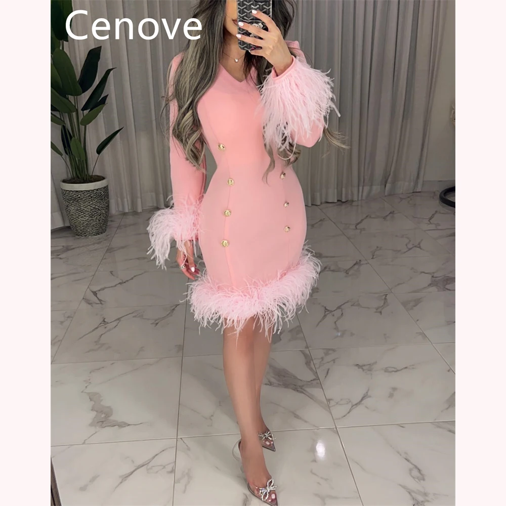 

Cenove Pink V Neckline Prom Dress Long Sleeves With Features Knee Length Evening Summer Elegant Party Dress For Women 2023