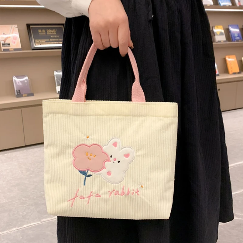 

Handbags Female Cute Flower Rabbit Corduroy Canvas Tote Bag Large Capacity Street Shopping Portable Tote Bag Girl Bento Bag