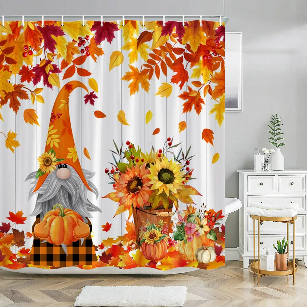

Осенняя Цветочная занавеска для душа в ванную комнату с тыквой, забавные гномы, Осенние падающие кленовые листья, декор для ванной комнаты, занавеска для душа с крючками
