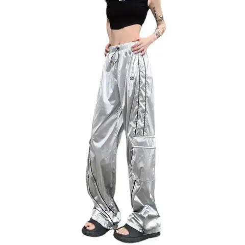 Y2k Jeans Women's 2023 Personalized Street Pockets Silver Bright Face Thick Teeth Casual High Waist Loose Pants Джинсы Женский