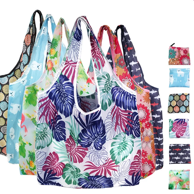 

2021 Women Tote Shopping Bag Flower Printing Foldable Reusable Eco-friendly Shopper Bags Tote Grocery Foldable Storage Bag Case