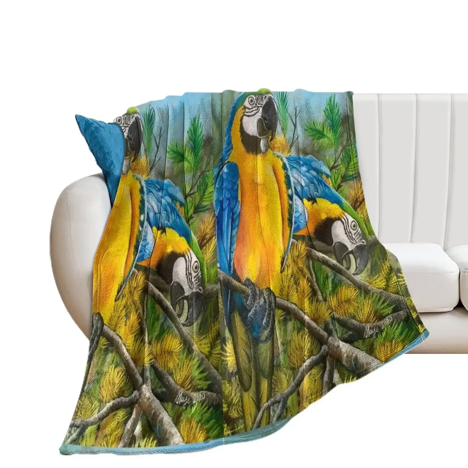 Синее и Золотое одеяло Macaws #1 дизайнерские одеяла для кровати