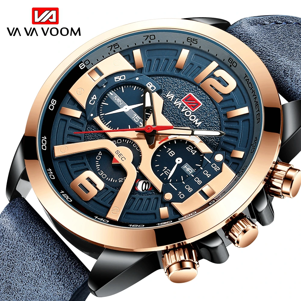 VA VA VOOM Date Display Luxury Watches for Men Waterproof Men's Military Watch Clock Leather Casual Fashion Quartz Wristwatches