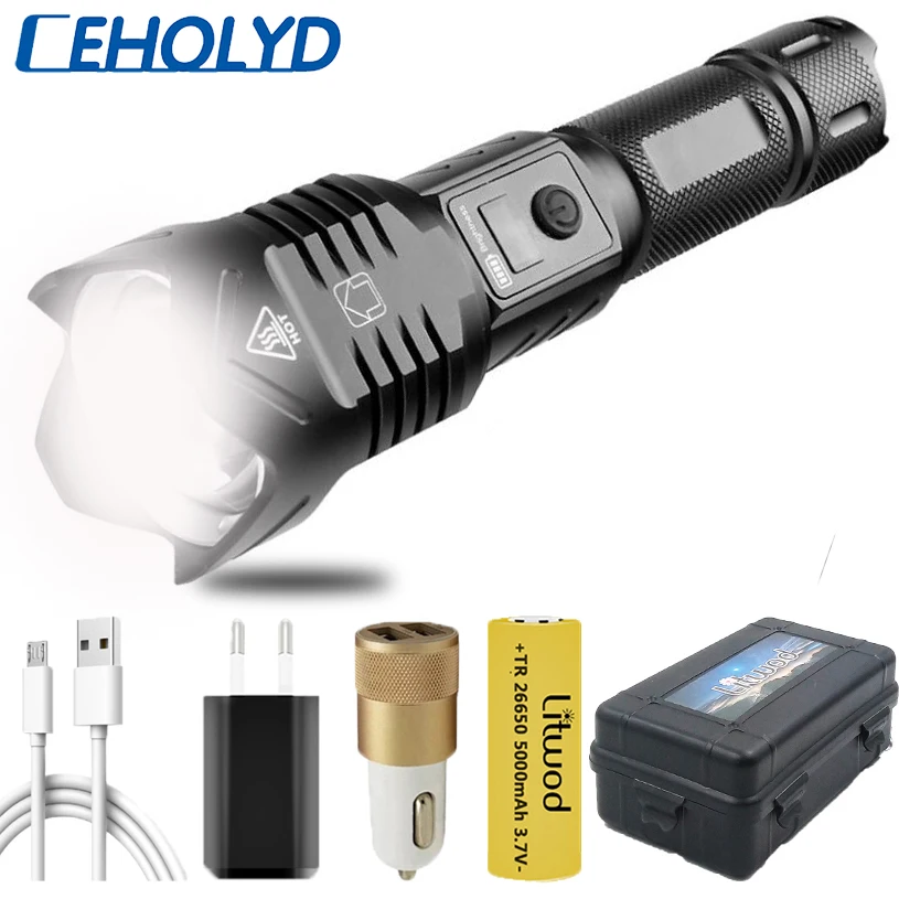 

XHP90.2 High Quality Led Flashlight Stepless Dimming Rechargeable Powerbank 18650 26650 Battery Torch Aluminum Zoomable Lantern