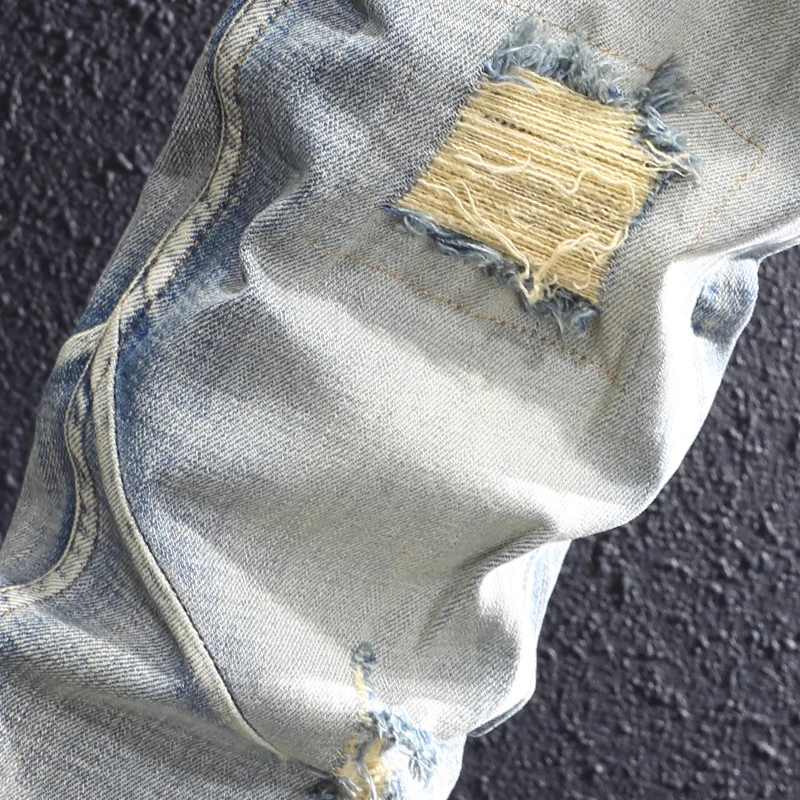 Newly Fashion Designer Men Jeans Retro Yellow Blue Elastic Stretch Slim Fit Ripped Jeans Men Patched Vintage Denim Pants Hombre