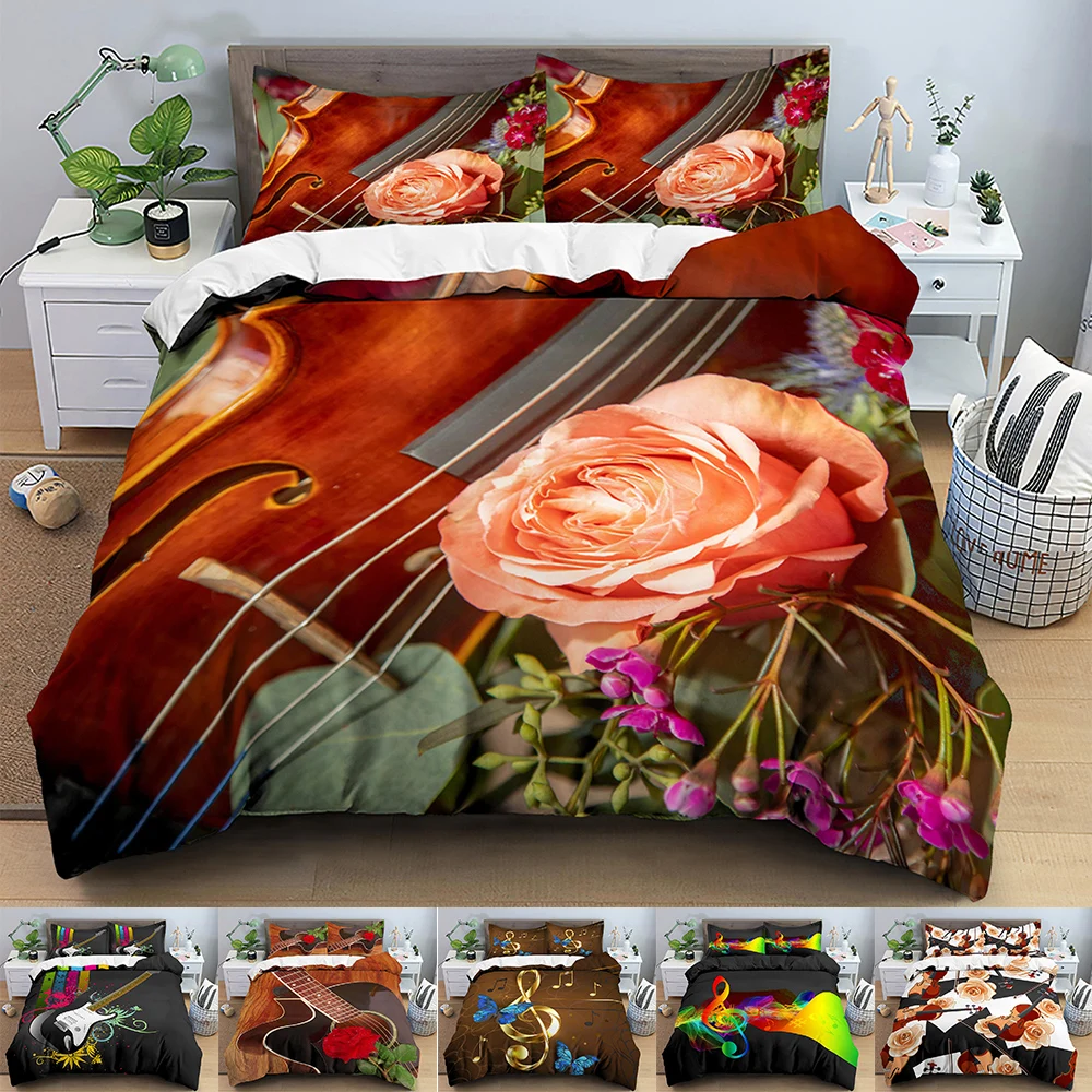

Music Bedding Set Rose Violin Printed Duvet Cover Set Twin King Queen ​Comforter Covers With Pillowcase Quilt Cover Home Textile